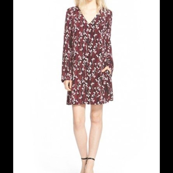 Chelsea28 Shift Dress Long Sleeve V- Neck Pockets Maroon Red Floral Lightweight - Picture 1 of 10